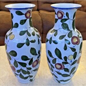 Chinese Ceramic Purple Yellow Plums Buds Green Leaves Chinoiserie 2 Vases VTG